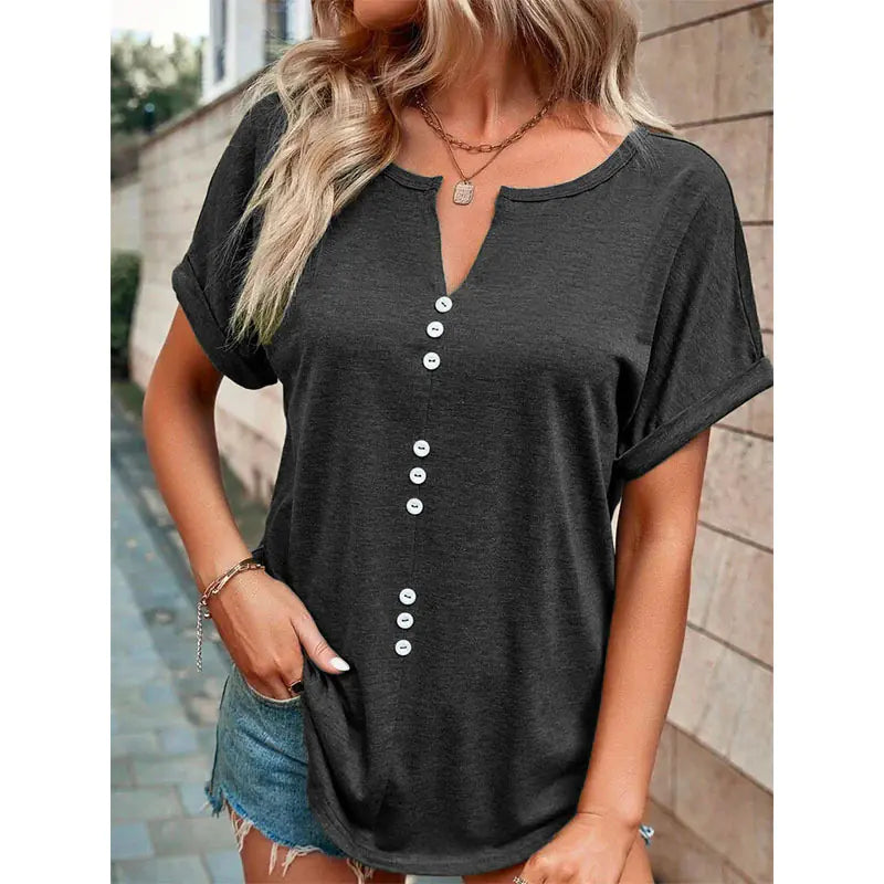 Summer V-neck Short Sleeve Button Design Blouse