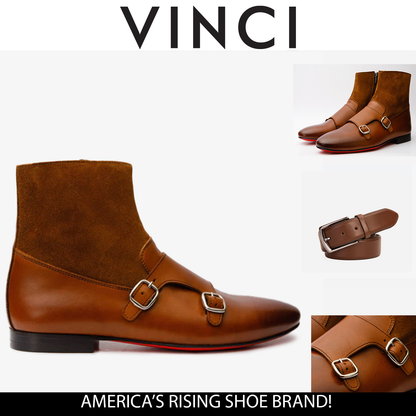 Preston Tan Leather & Suede Double Monk Strap Ankle Men Boot