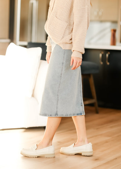 Greta Light Wash Midi Denim Skirt