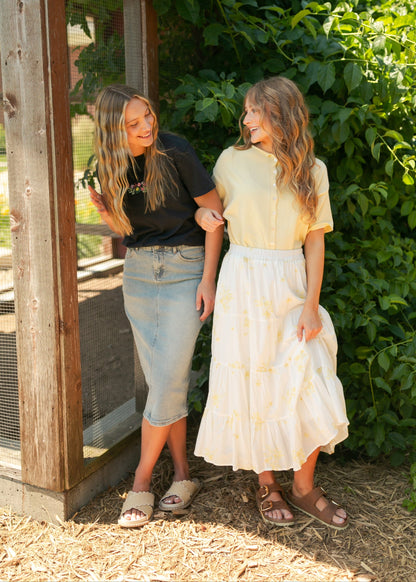 Greta Light Wash Midi Denim Skirt