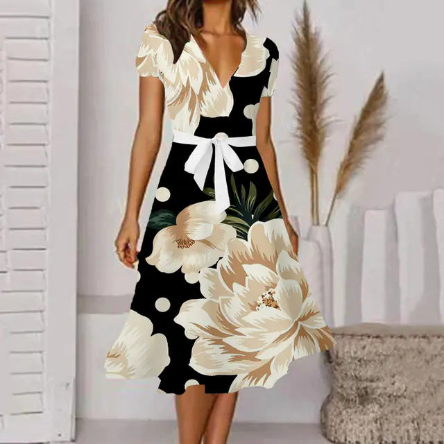 Fashionable Sexy V-Neck A-Line Dress with Belted Waist