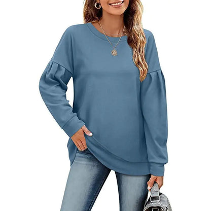 Solid Color Women's Sweatshirt with Round Neck Design