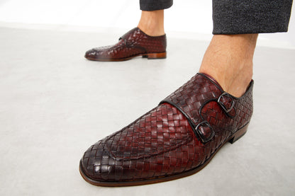 The Turan Burgundy Woven Double Monk Strap Dress Men  Shoe