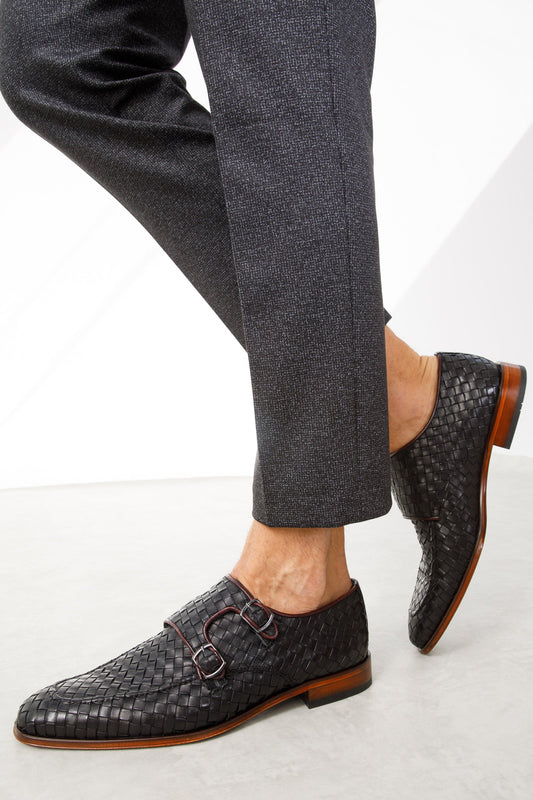 The Turan Black Woven Double Monk Strap Dress Men Shoe