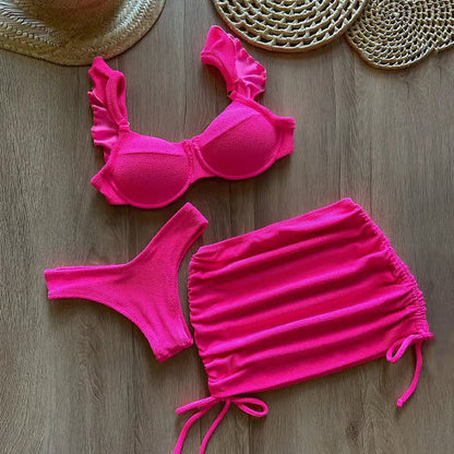 Women's Solid Color Three-Piece Bikini Set