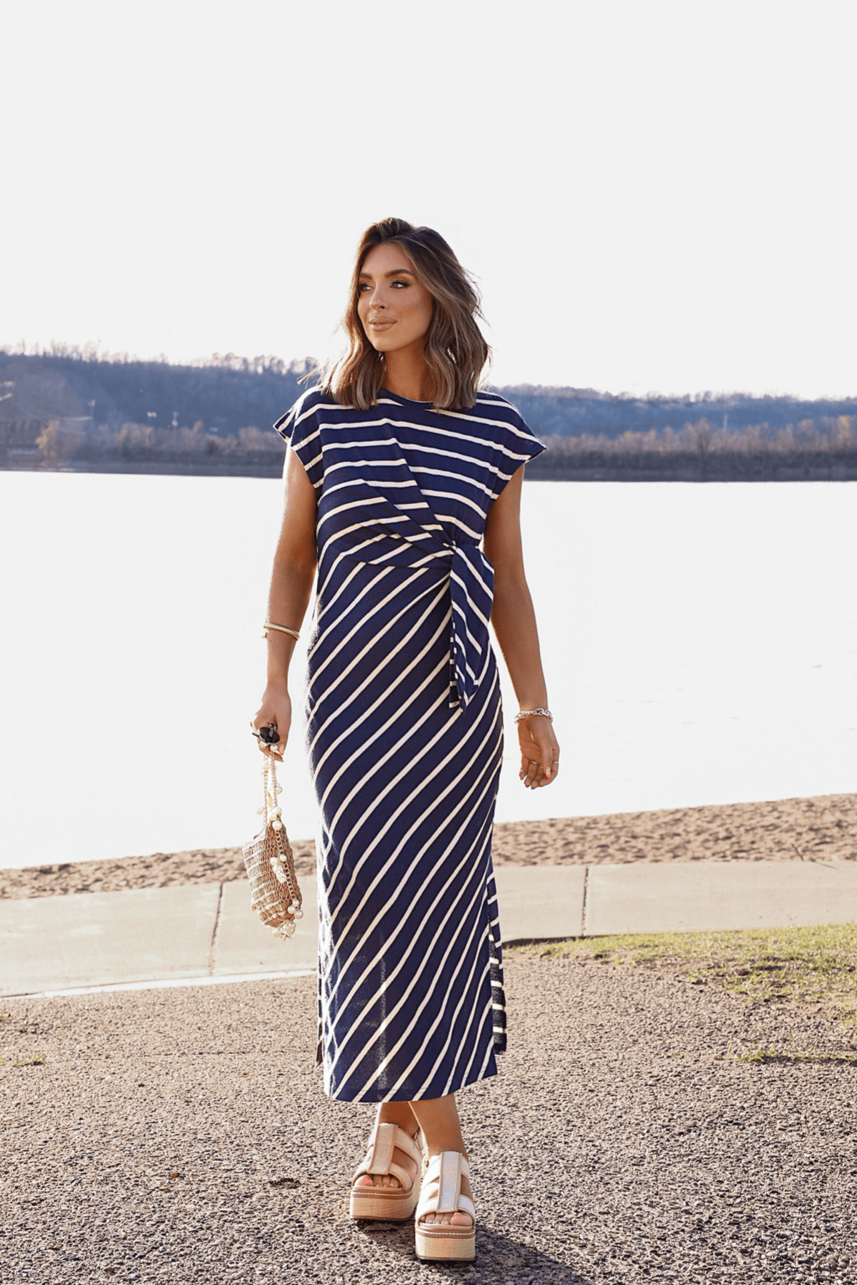 Marina Mornings Navy Striped Midi Tie Dress - DOORBUSTER