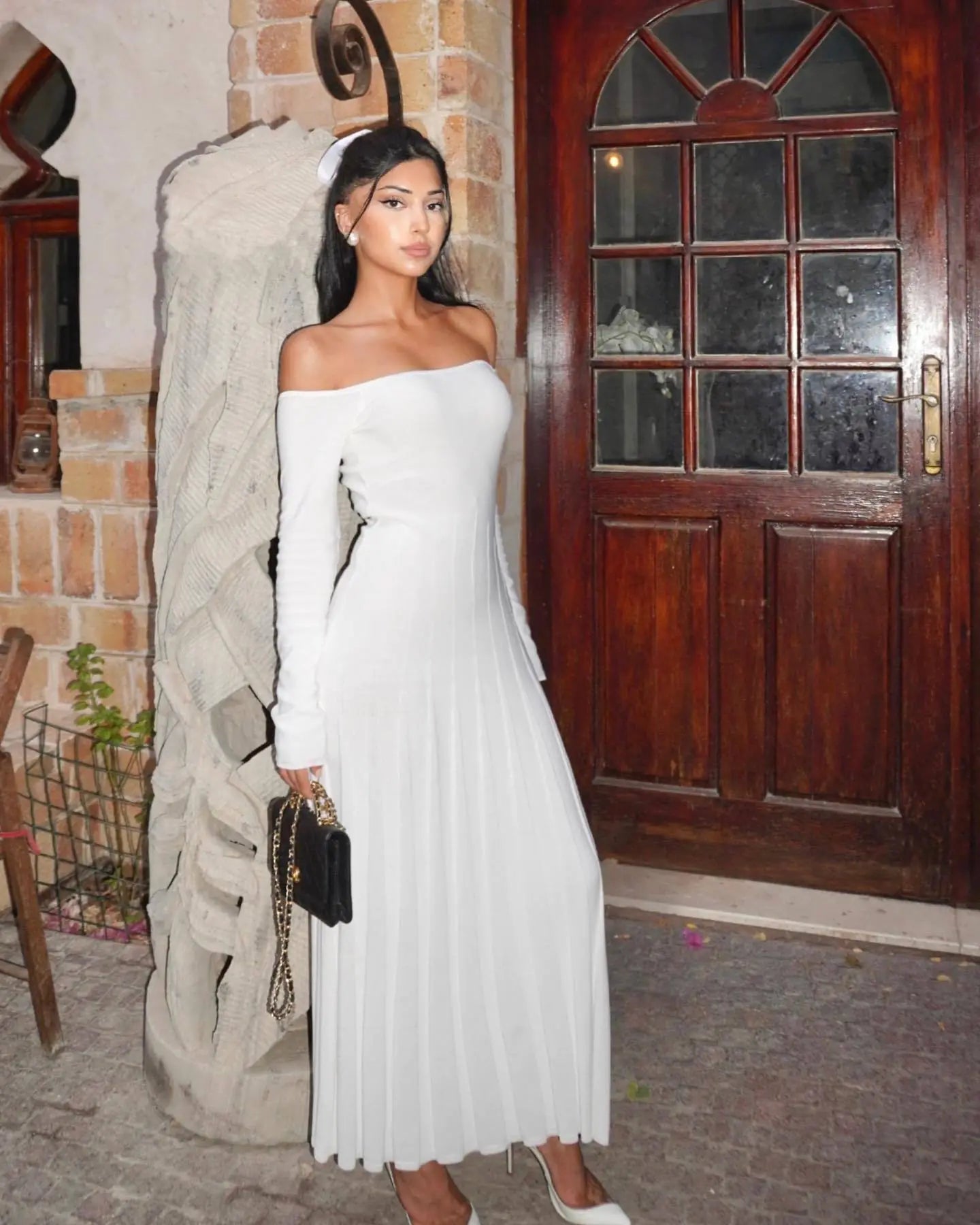 Off-Shoulder Striped Knitted Dress for Women