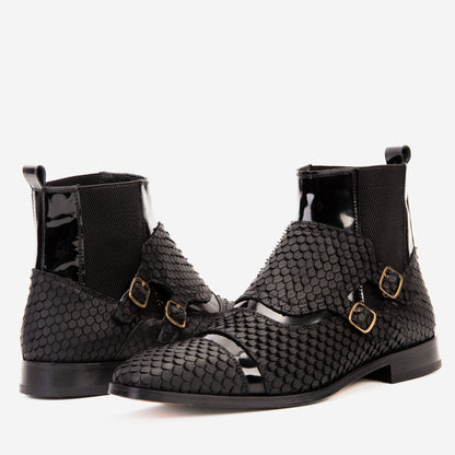 The Orion Black Snakeskin Pattern Leather Double Monk Strap Men Boot
