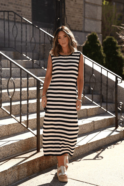 Sleeveless Black and Beige Striped Midi Dress - FINAL SALE