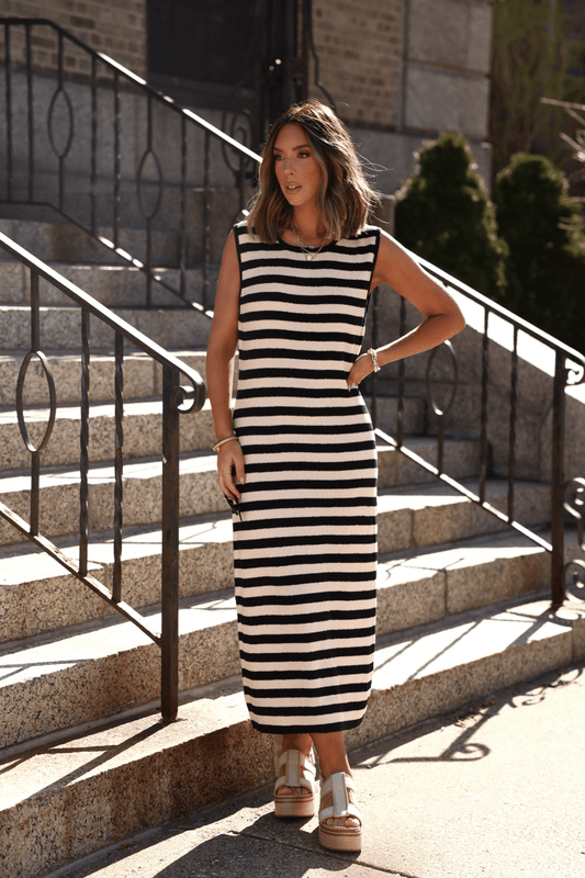 Sleeveless Black and Beige Striped Midi Dress - FINAL SALE