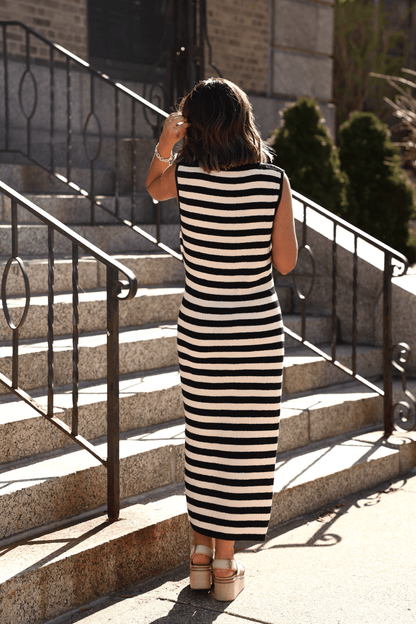 Sleeveless Black and Beige Striped Midi Dress - FINAL SALE