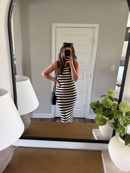 Sleeveless Black and Beige Striped Midi Dress - FINAL SALE