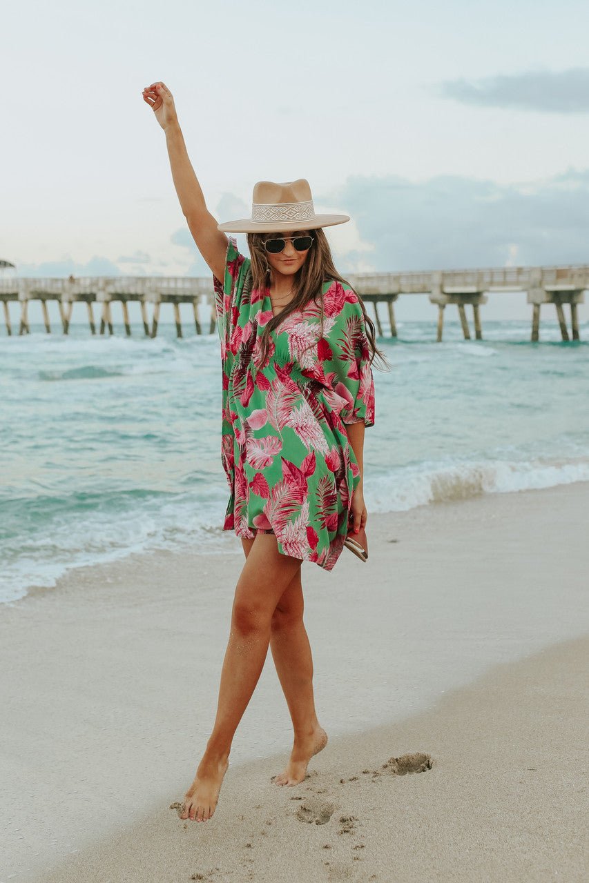 V-Neck Green/Pink Palm Empire Dress - FINAL SALE