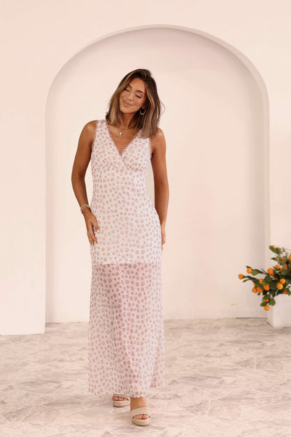 White and Mauve Floral Print Maxi Dress - DOORBUSTER
