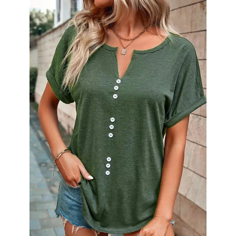 Summer V-neck Short Sleeve Button Design Blouse
