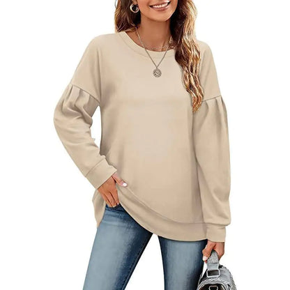 Solid Color Women's Sweatshirt with Round Neck Design