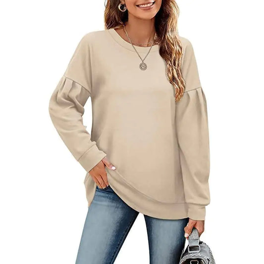 Solid Color Women's Sweatshirt with Round Neck Design